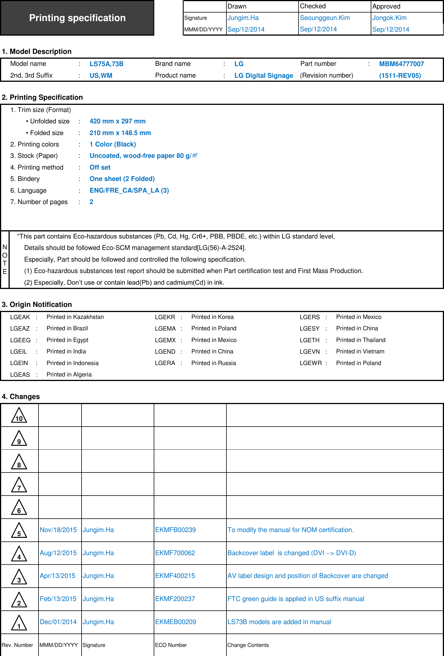Page 1 of 4 - LG 42LS75A-5B User Manual Quick Setup Guide MBM64777007 05 1511(US)