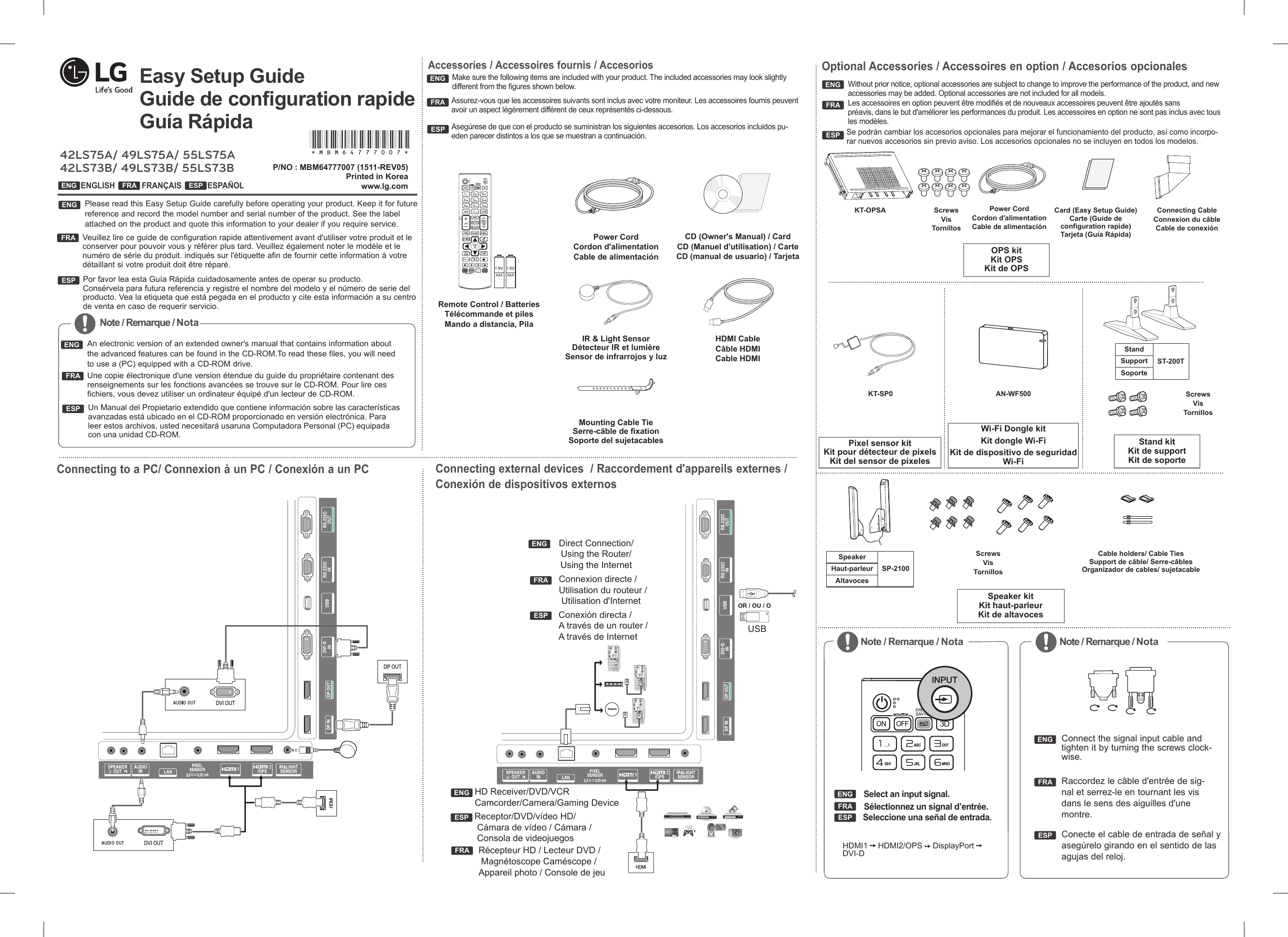 Page 3 of 4 - LG 42LS75A-5B User Manual Quick Setup Guide MBM64777007 05 1511(US)