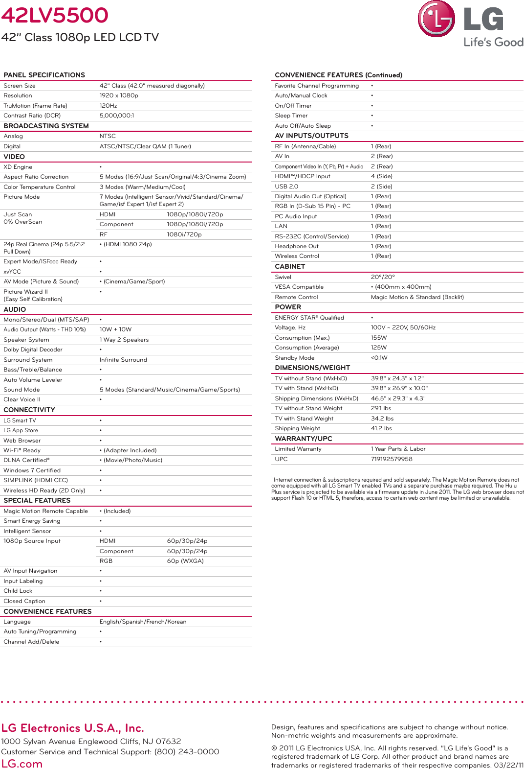 Page 2 of 2 - LG 42LV5500 User Manual Specification LED TV Spec