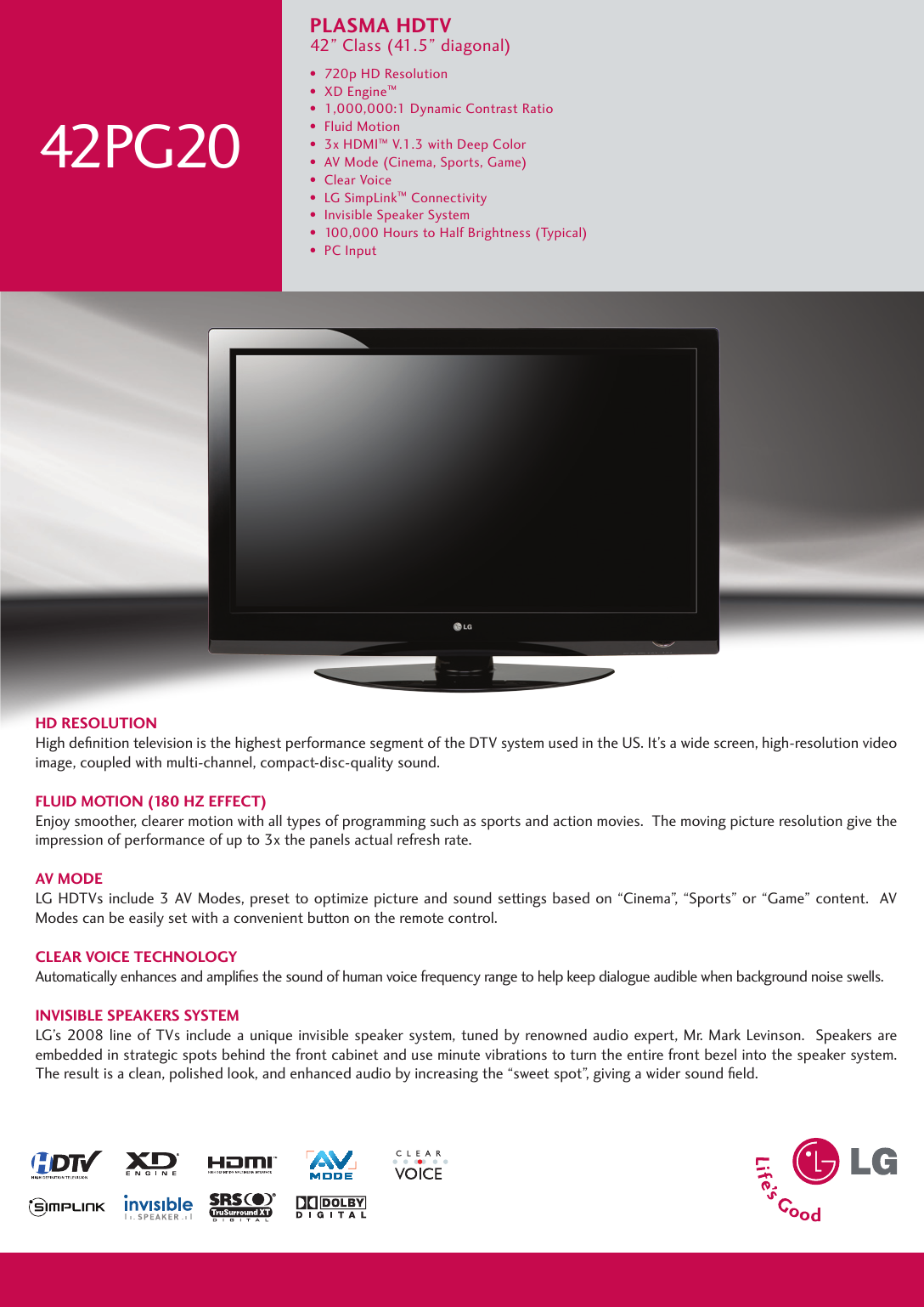 Page 1 of 2 - LG 42PG20 User Manual Specification Spec Sheet