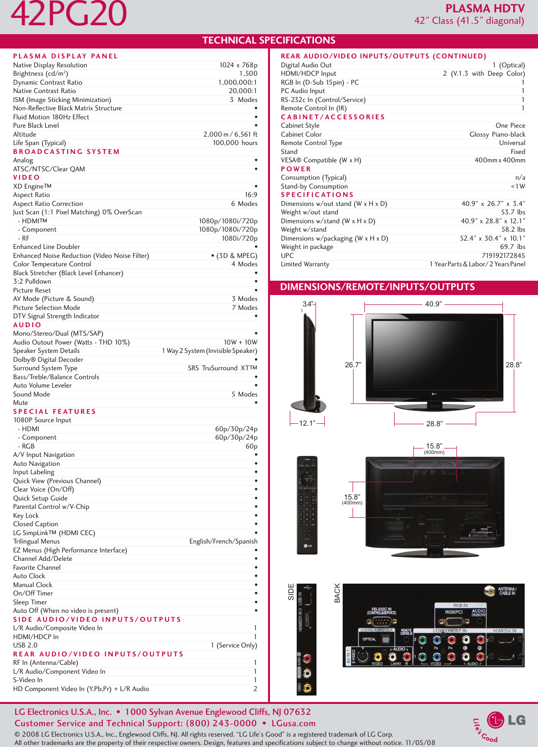 Page 2 of 2 - LG 42PG20 User Manual Specification Spec Sheet