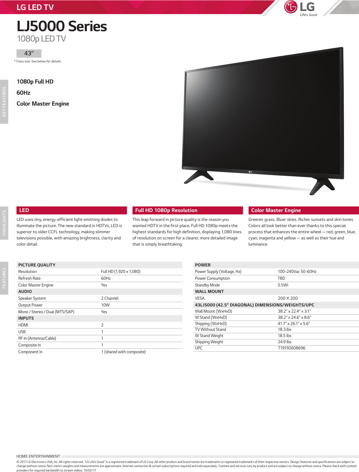 Page 1 of 1 - LG 43LJ5000 User Manual Specification LJ5000 Series Spec Sheet 091017