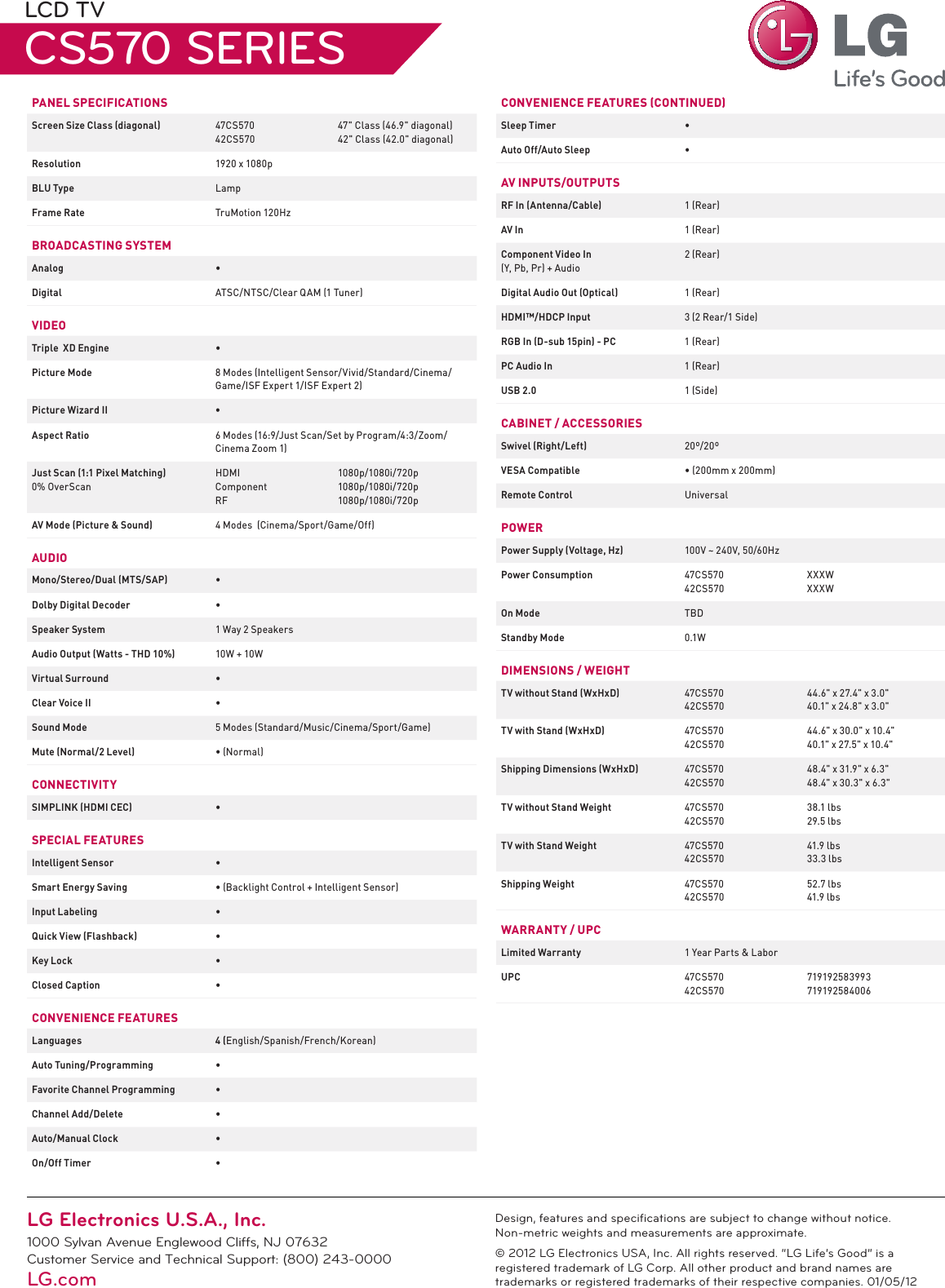 Page 2 of 2 - LG 47CS570 User Manual Specification TV LCD CS570 Spec