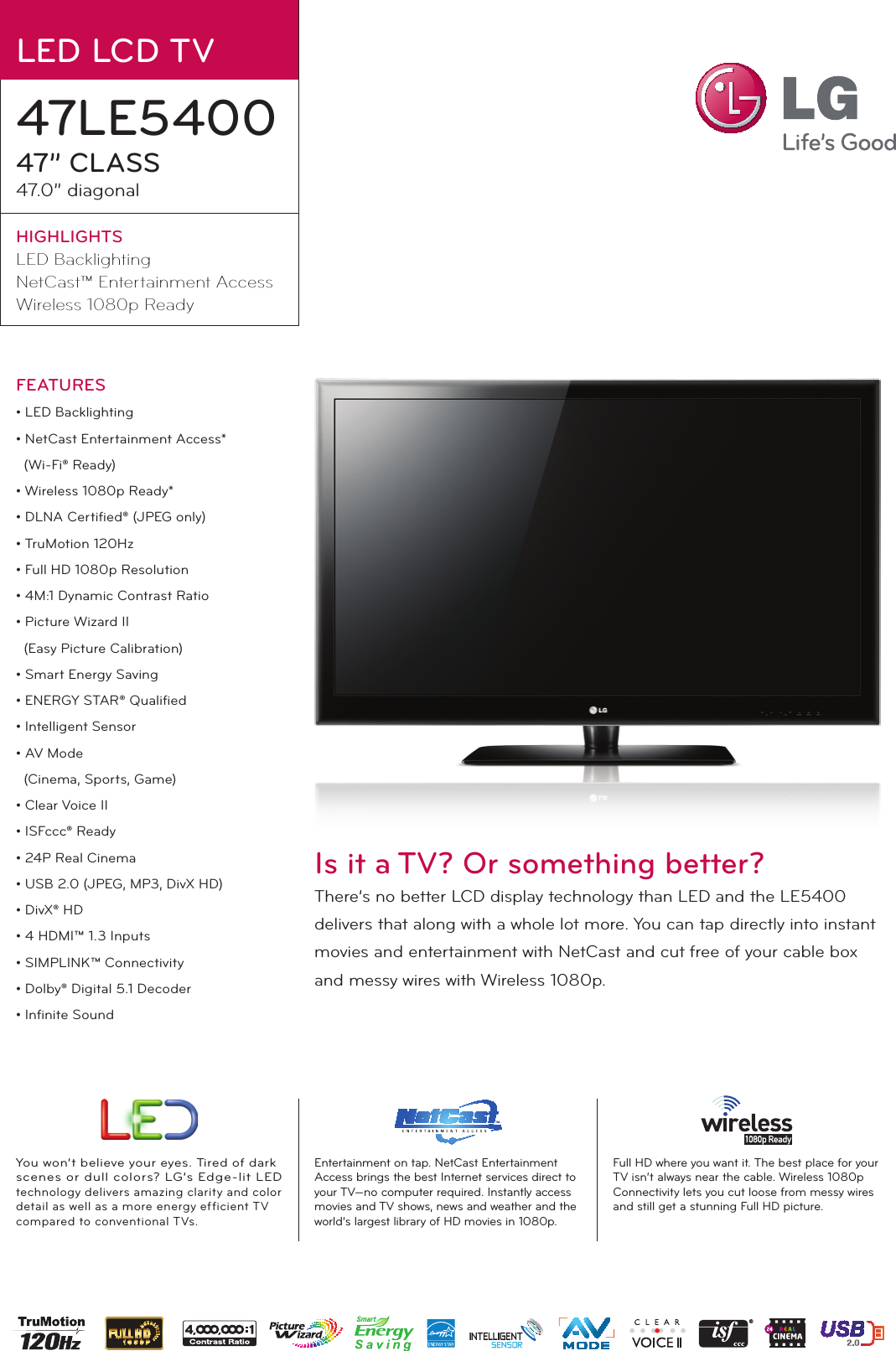 Page 1 of 2 - LG 47LE5400 User Manual Specification TV Spec Sheet