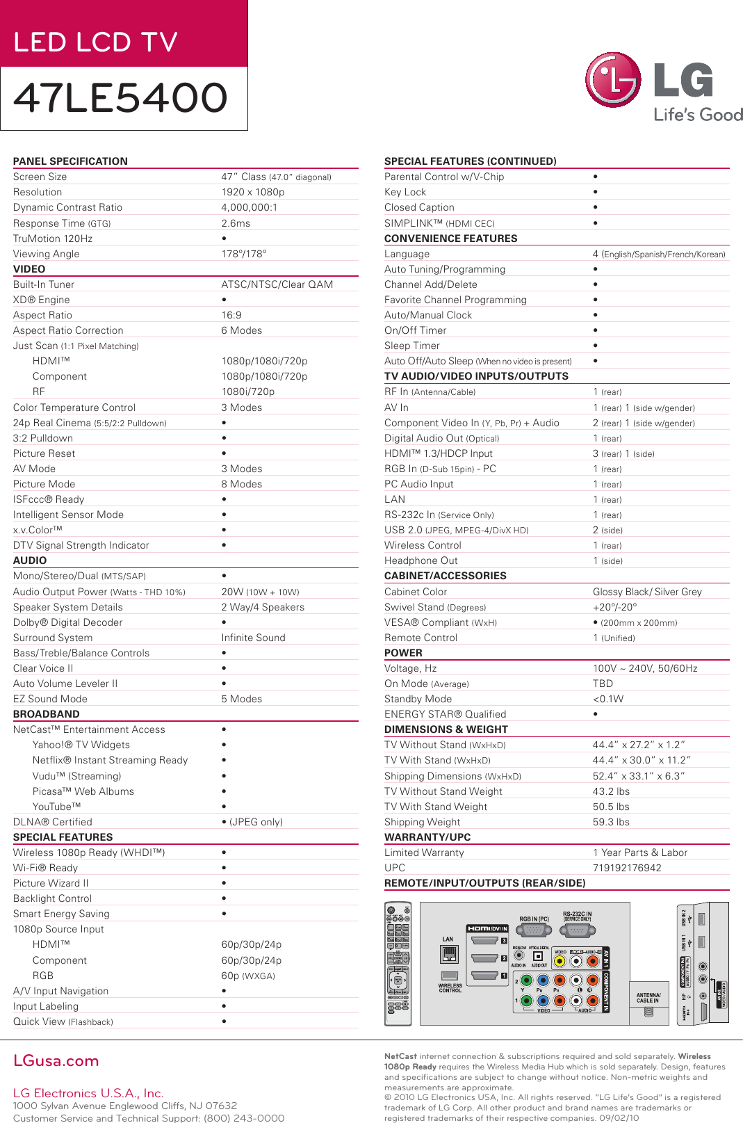 Page 2 of 2 - LG 47LE5400 User Manual Specification TV Spec Sheet