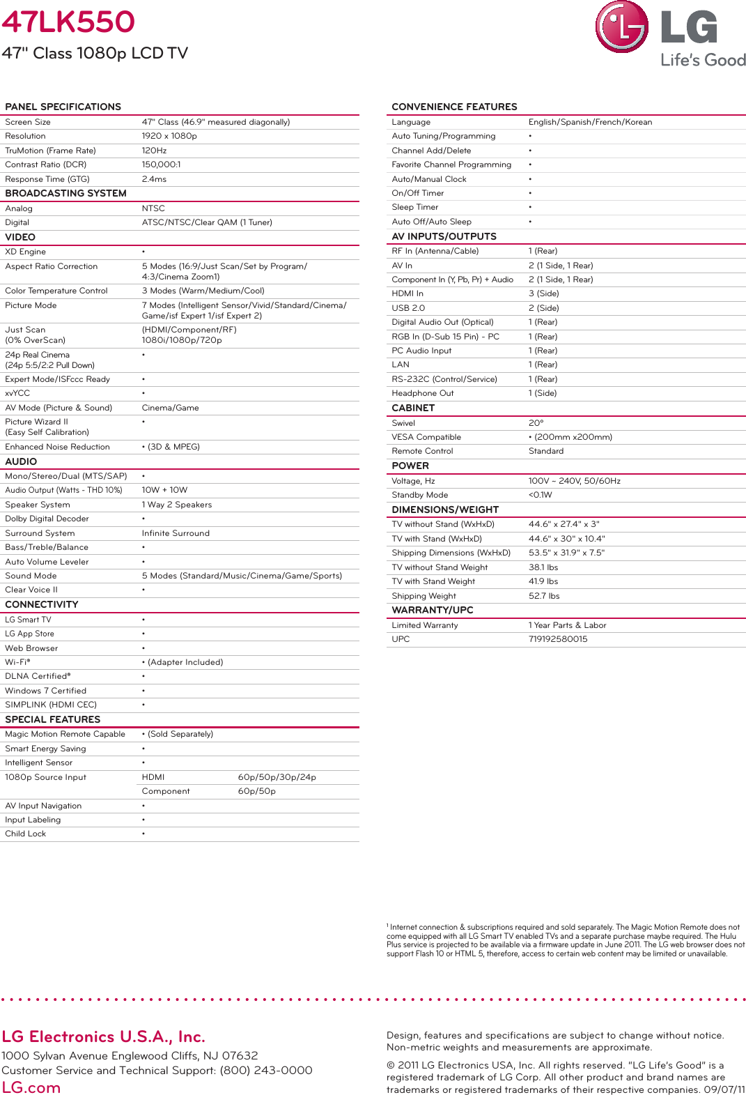 Page 2 of 2 - LG 47LK550 User Manual Specification Television Spec Sheet