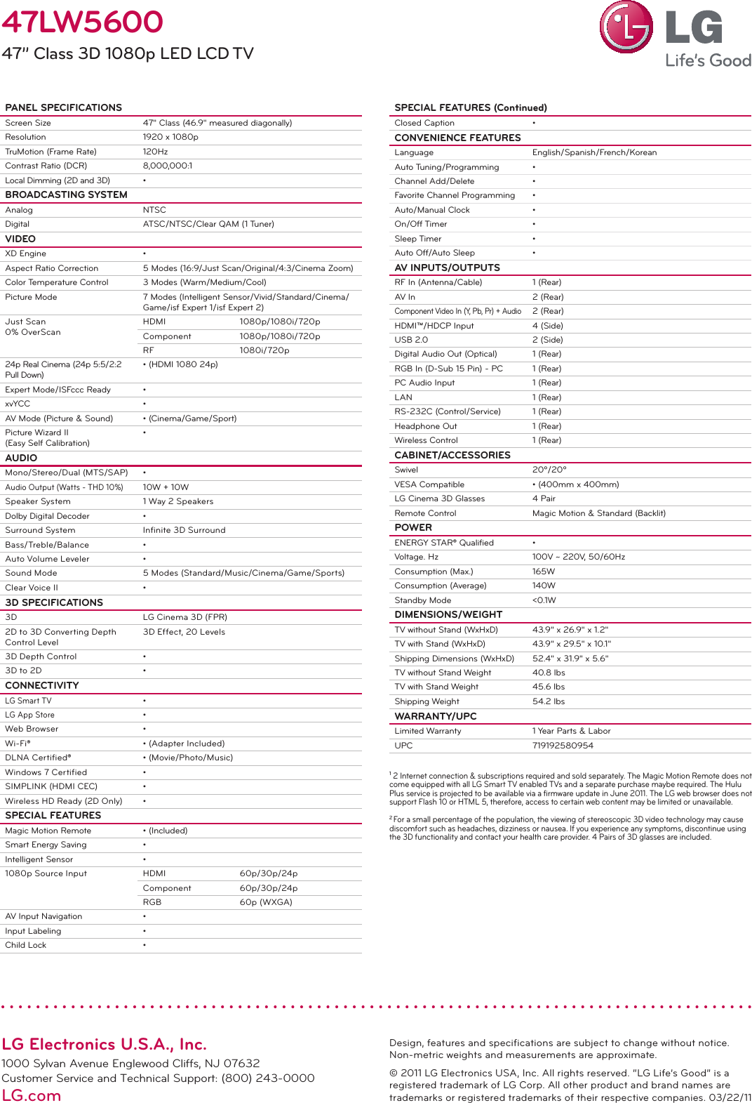 Page 2 of 2 - LG 47LW5600 User Manual Specification LED TV Spec