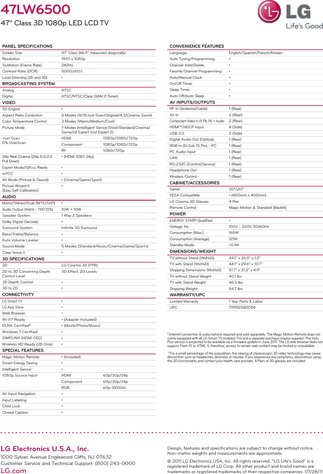 Page 2 of 2 - LG 47LW6500 User Manual Specification Spec Sheet V2.0