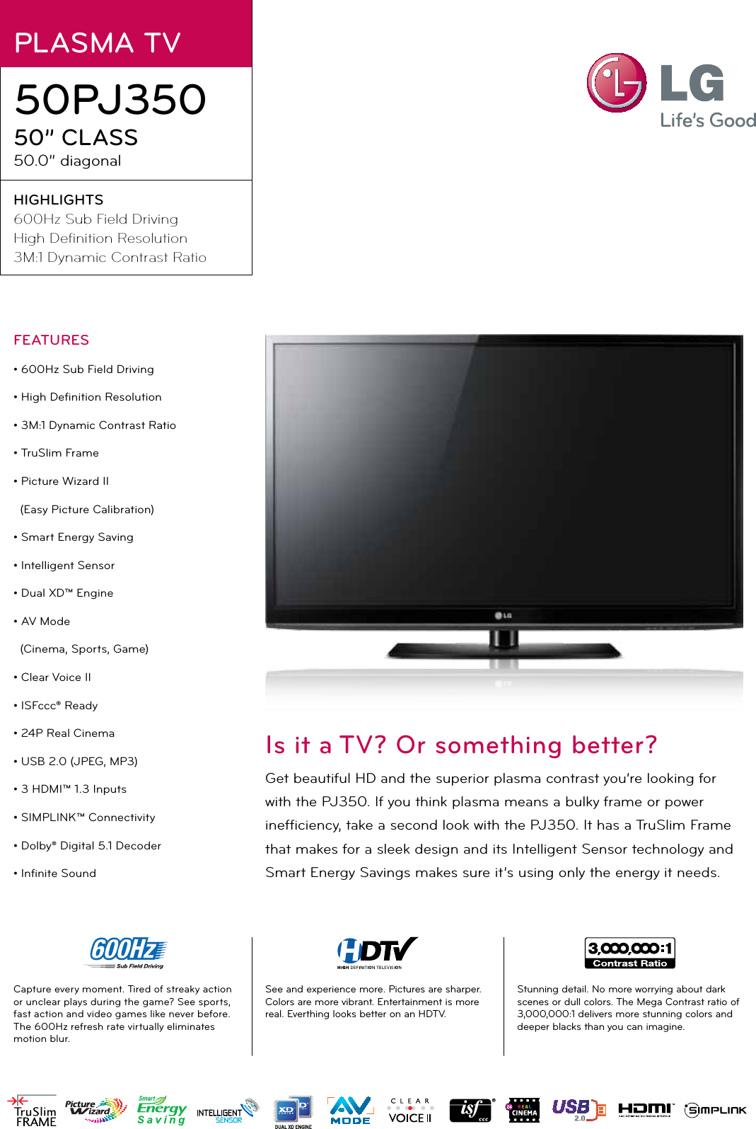 Page 1 of 2 - LG 50PJ350 User Manual Specification He Pdp Ss 50PJ350-0