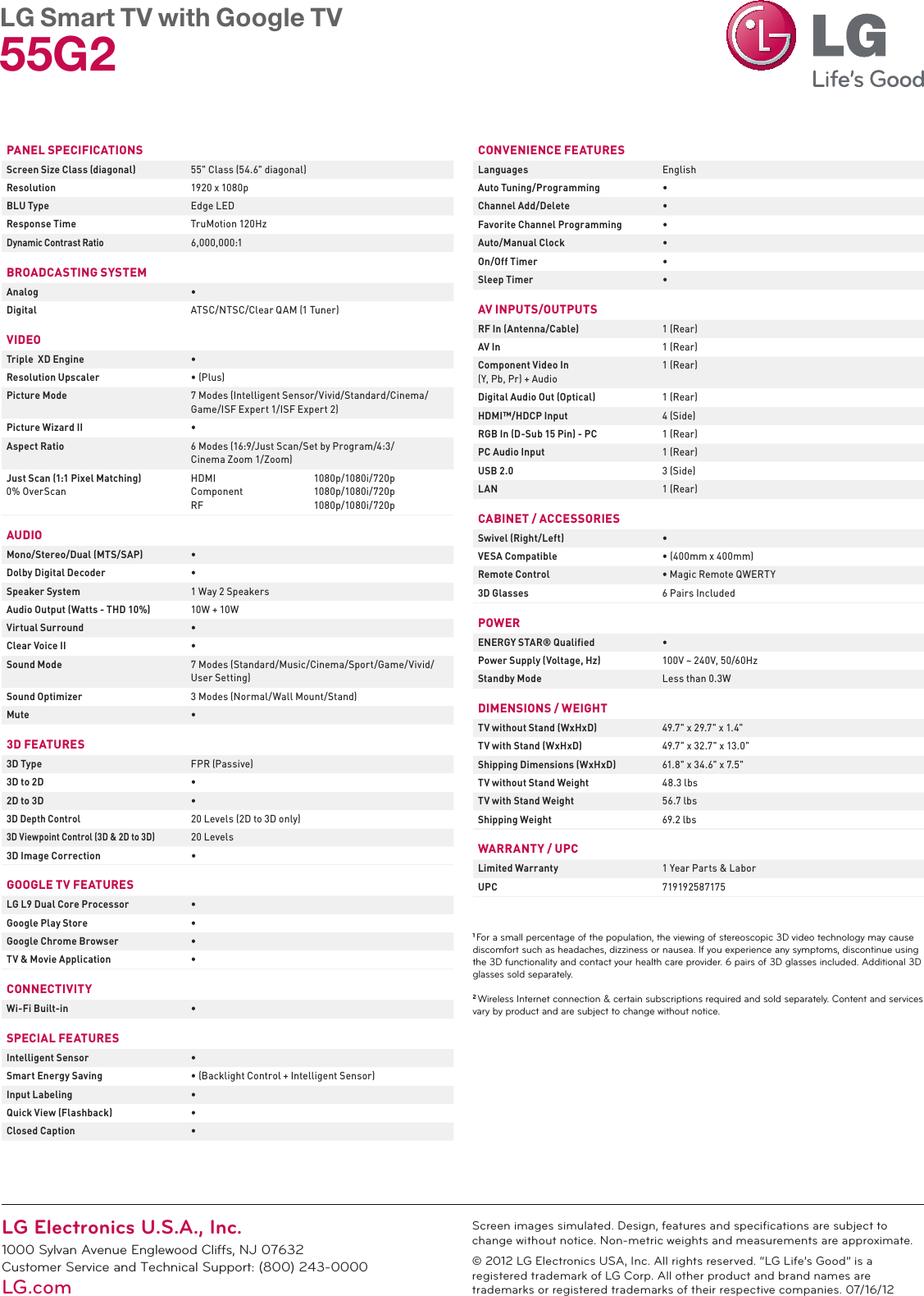 Page 2 of 2 - LG 55G2 User Manual Specification 2012-HE-LCD-55G2
