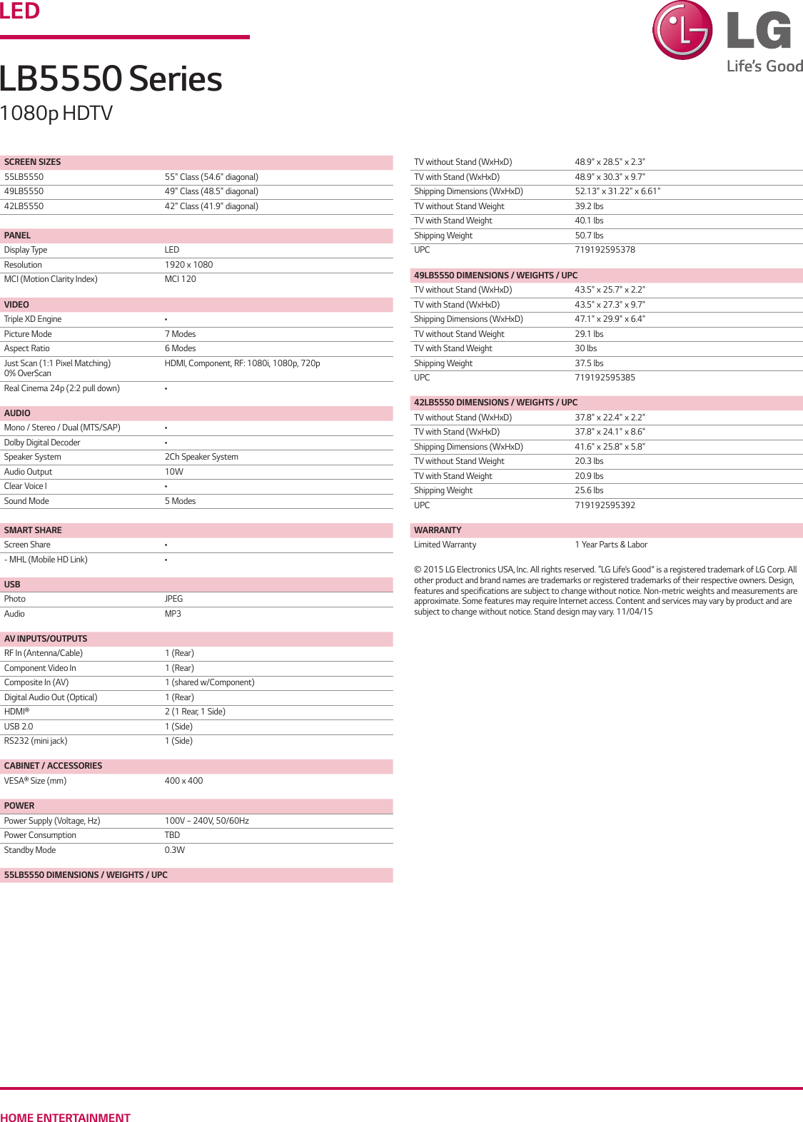 Page 2 of 2 - LG 55LB5550 User Manual Specification LB5550-Spec-Sheet