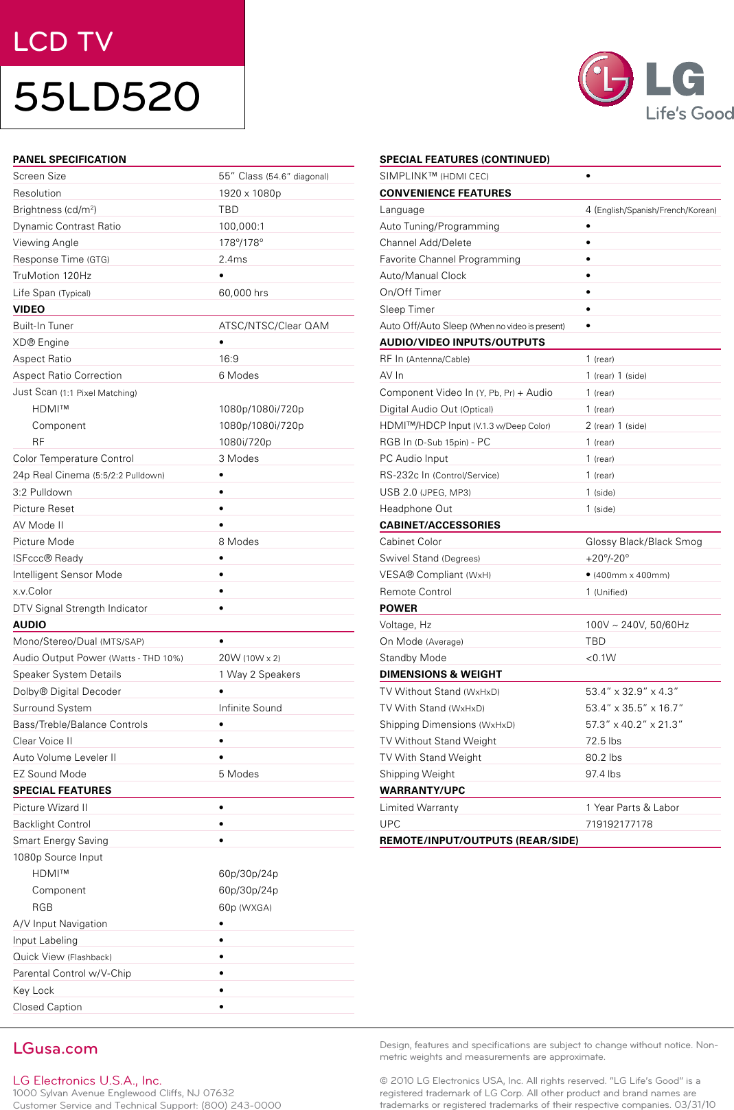 Page 2 of 2 - LG 55LD520 User Manual Specification He Lcd Ss 55LD520-3