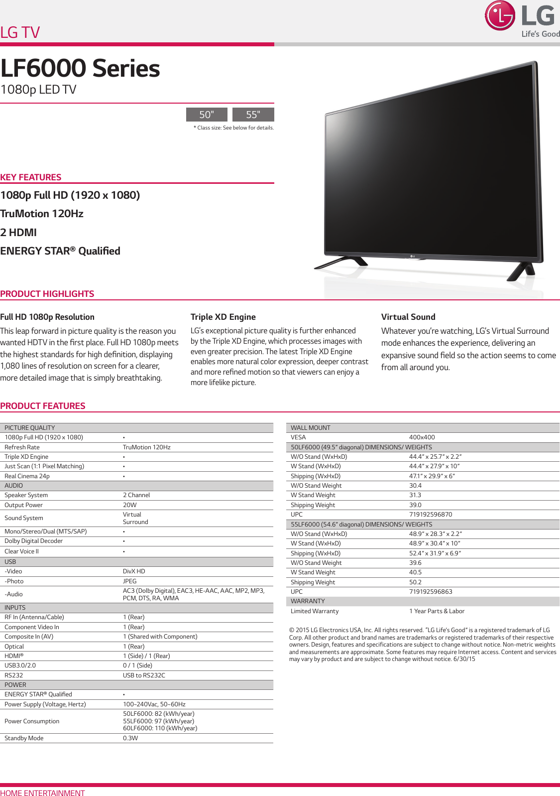 LG 55LF6000 User Manual Specification LF6000 Spec Sheet