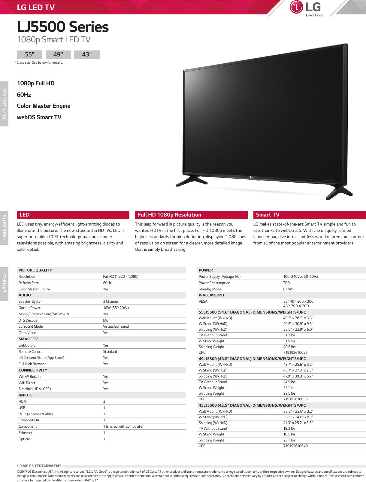 Page 1 of 1 - LG 55LJ5500 User Manual Specification LJ5500 Series Spec Sheet