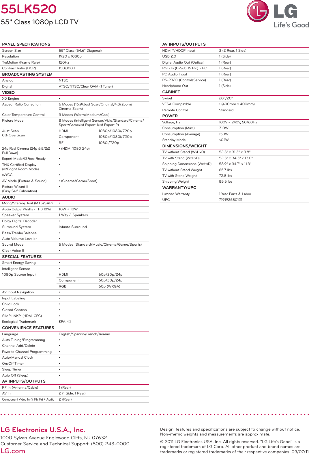 Page 2 of 2 - LG 55LK520 User Manual Specification LCD TV Spec Sheet