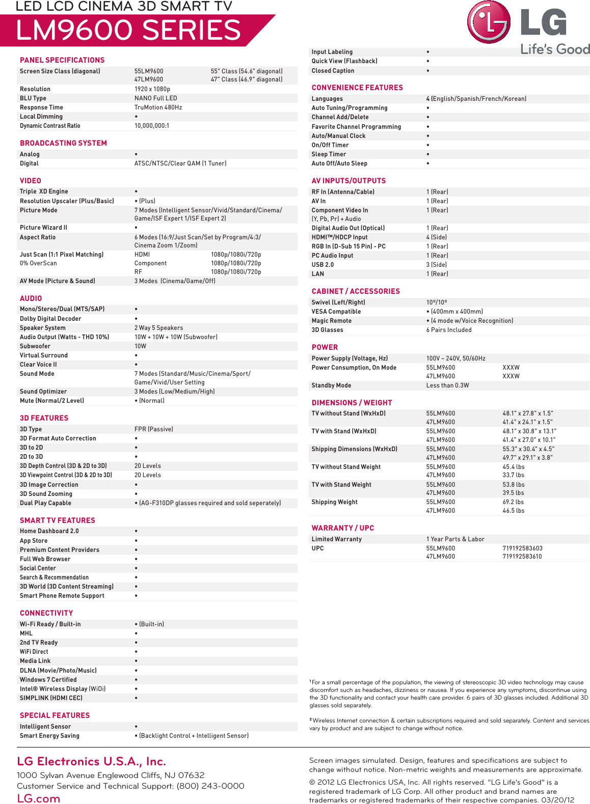 Page 2 of 2 - LG 55LM9600 User Manual Specification TV LCD LM9600 Spec