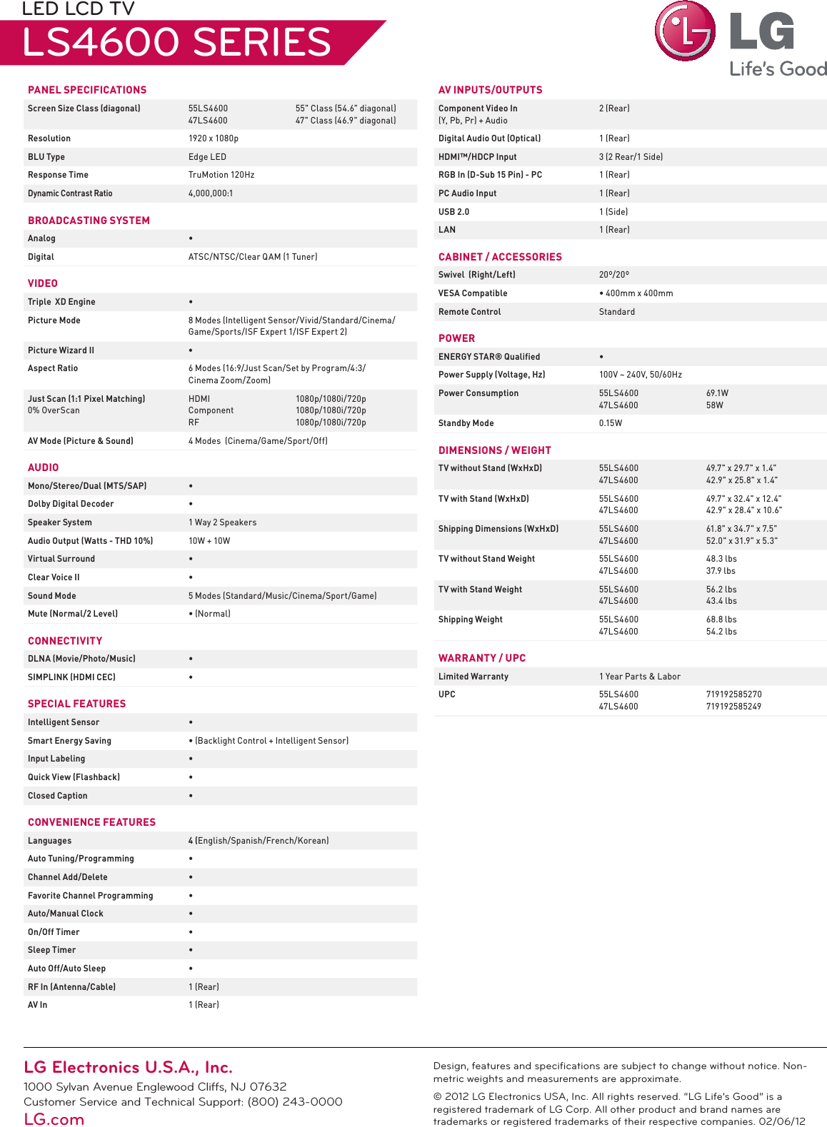 Page 2 of 2 - LG 55LS4600 User Manual Specification TV LCD LS4600 Spec