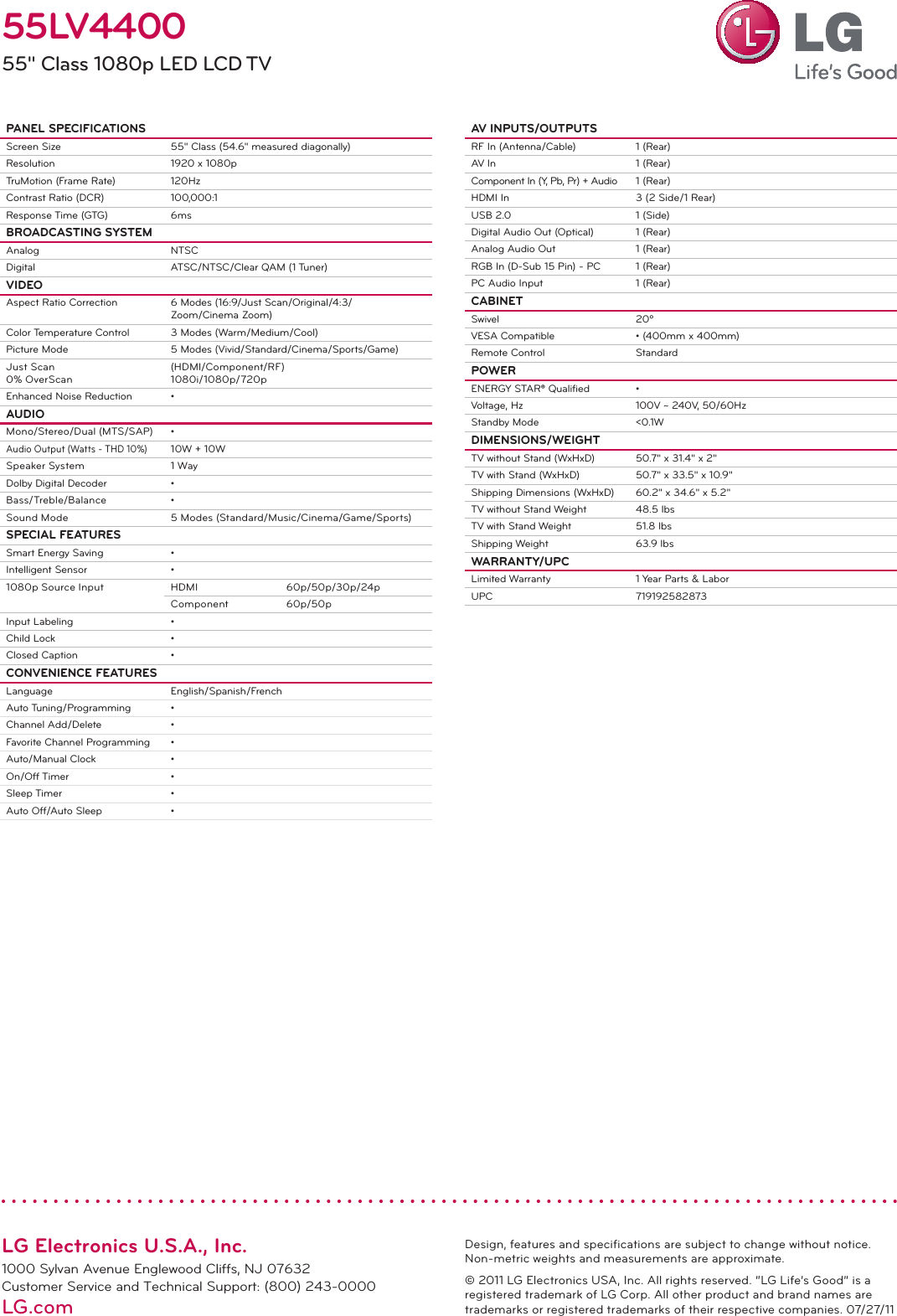 Page 2 of 2 - LG 55LV4400 User Manual Specification TV Spec Sheet