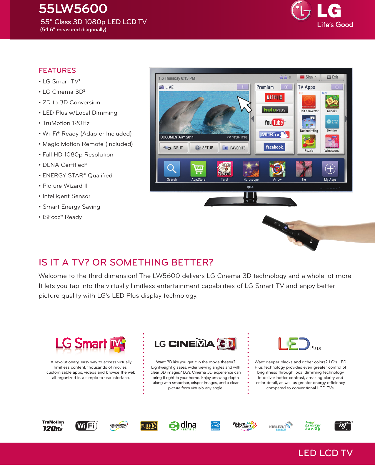 Page 1 of 2 - LG 55LW5600 User Manual Specification LED TV Spec Sheet