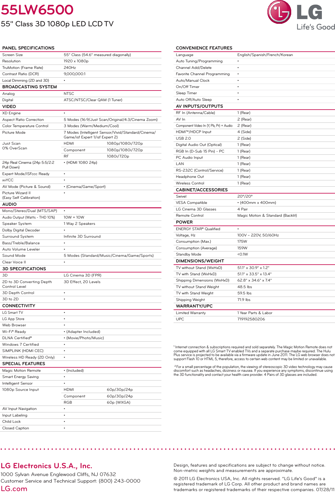 Page 2 of 2 - LG 55LW6500 User Manual Specification Spec Sheet V2.0