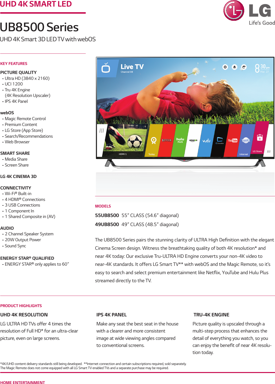 Page 1 of 2 - LG 55UB8500 User Manual Specification UB8500-Series Spec Sheet