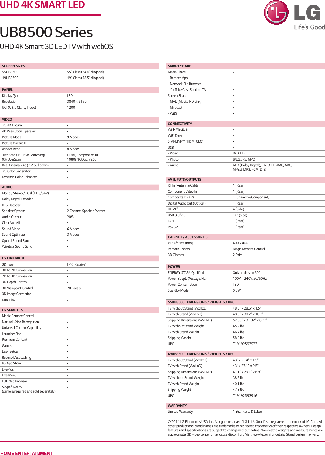 Page 2 of 2 - LG 55UB8500 User Manual Specification UB8500-Series Spec Sheet
