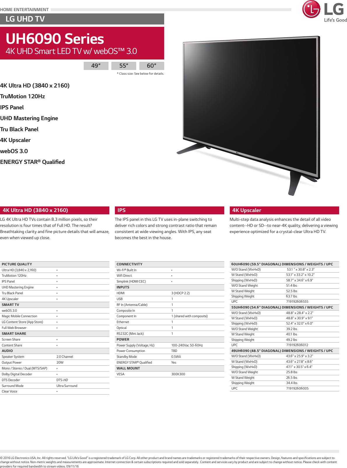 Page 1 of 1 - LG 55UH6090 User Manual Specification UH6090 Series Spec Sheet Updated 10112016
