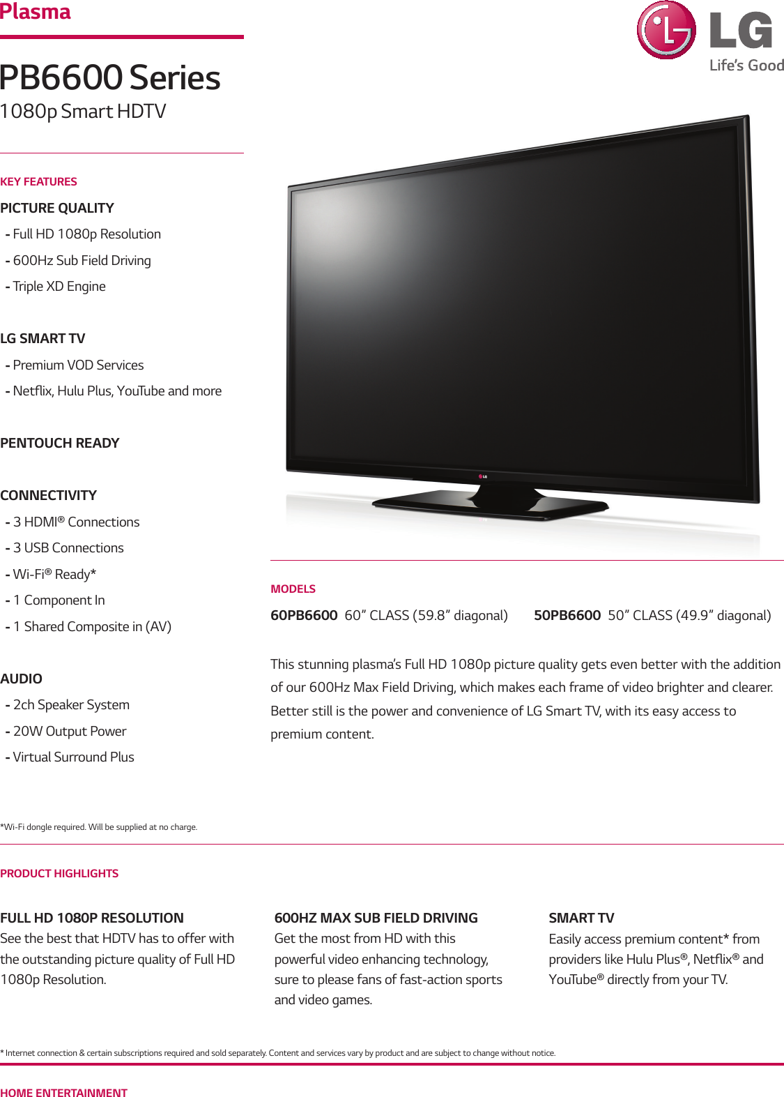 Page 1 of 2 - LG 60PB6600 User Manual Specification PB6600 Series Spec Sheet