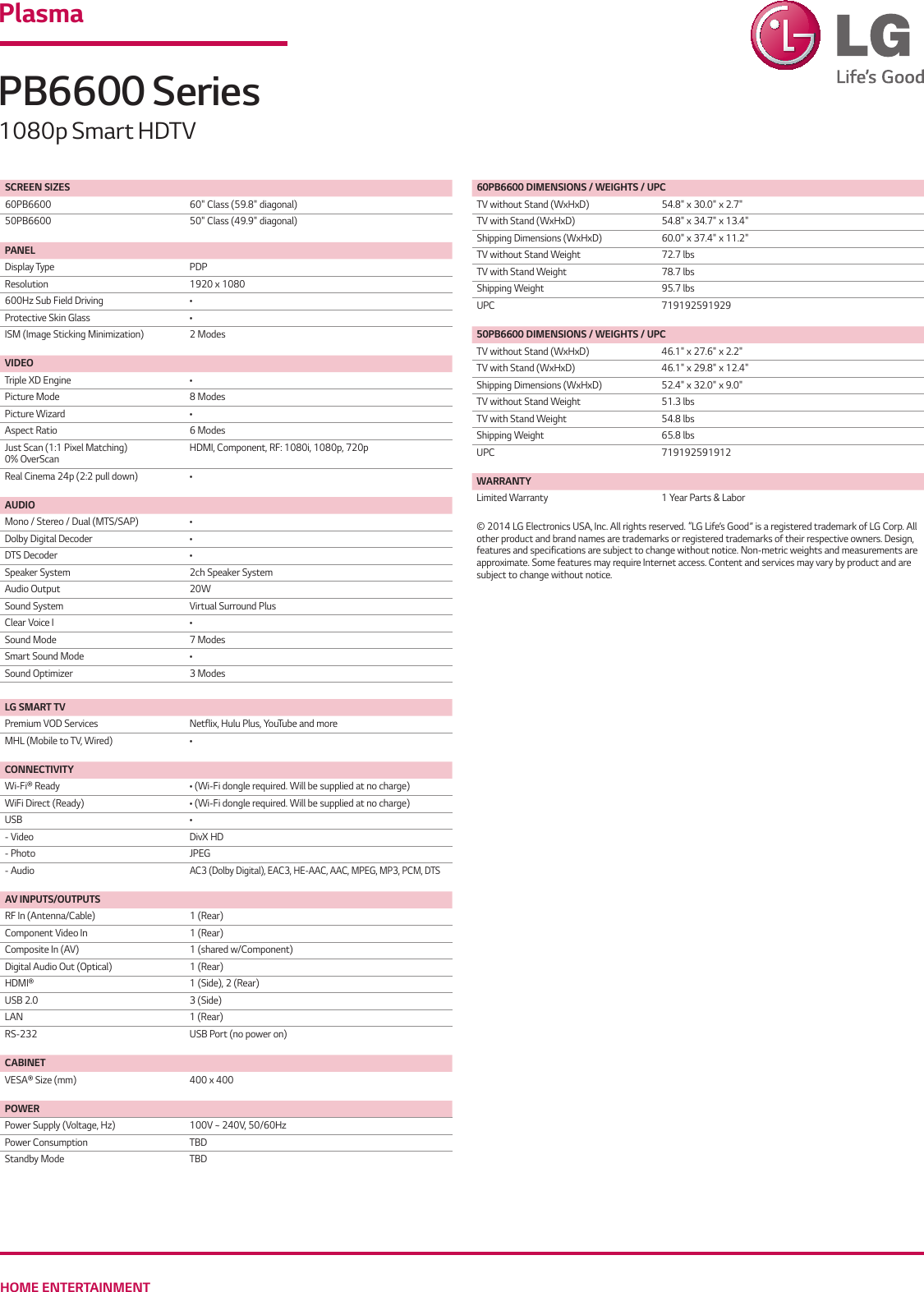 Page 2 of 2 - LG 60PB6600 User Manual Specification PB6600 Series Spec Sheet