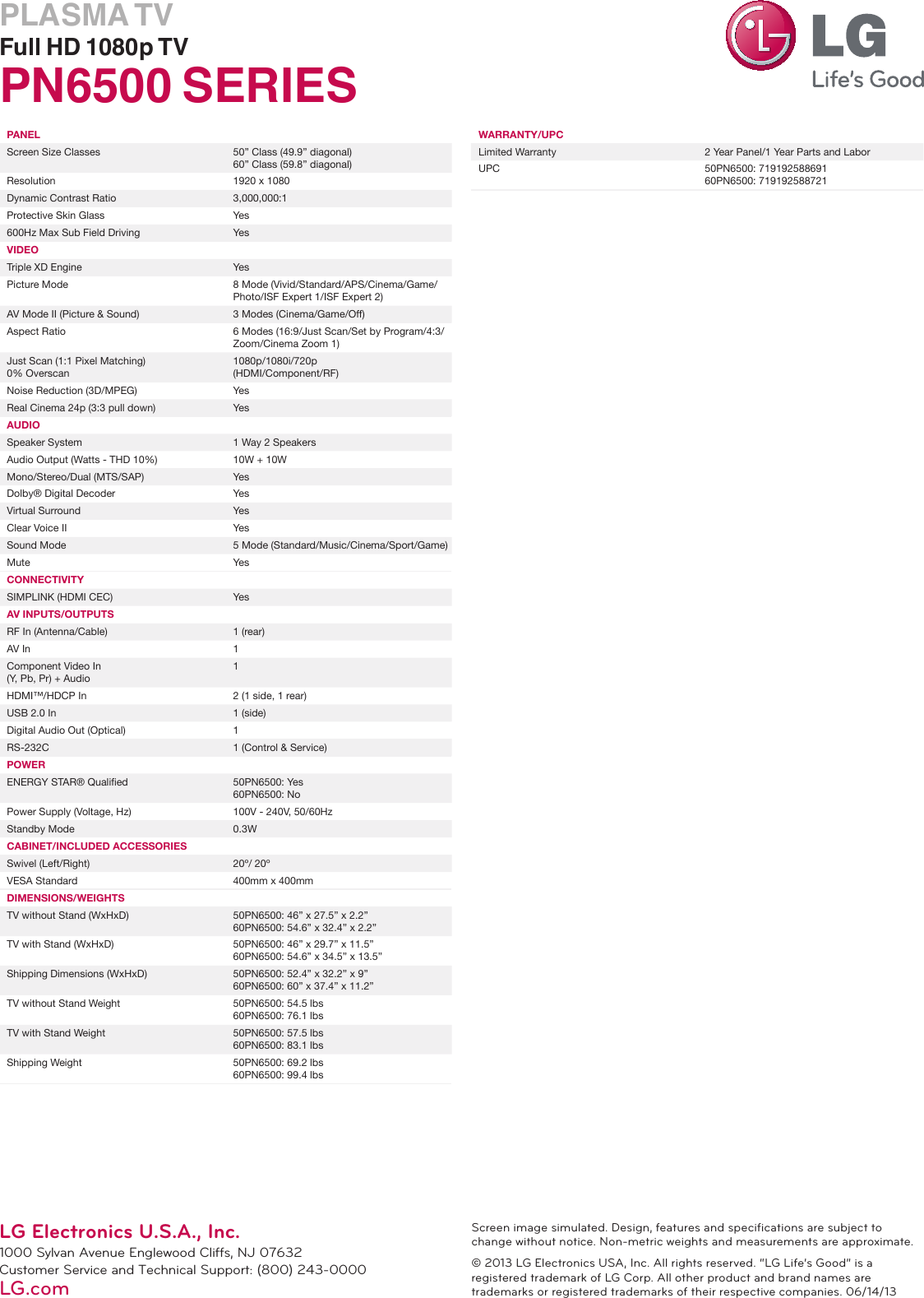 Page 2 of 2 - LG 60PN6500 User Manual Specification PN6500 Series Spec Sheet