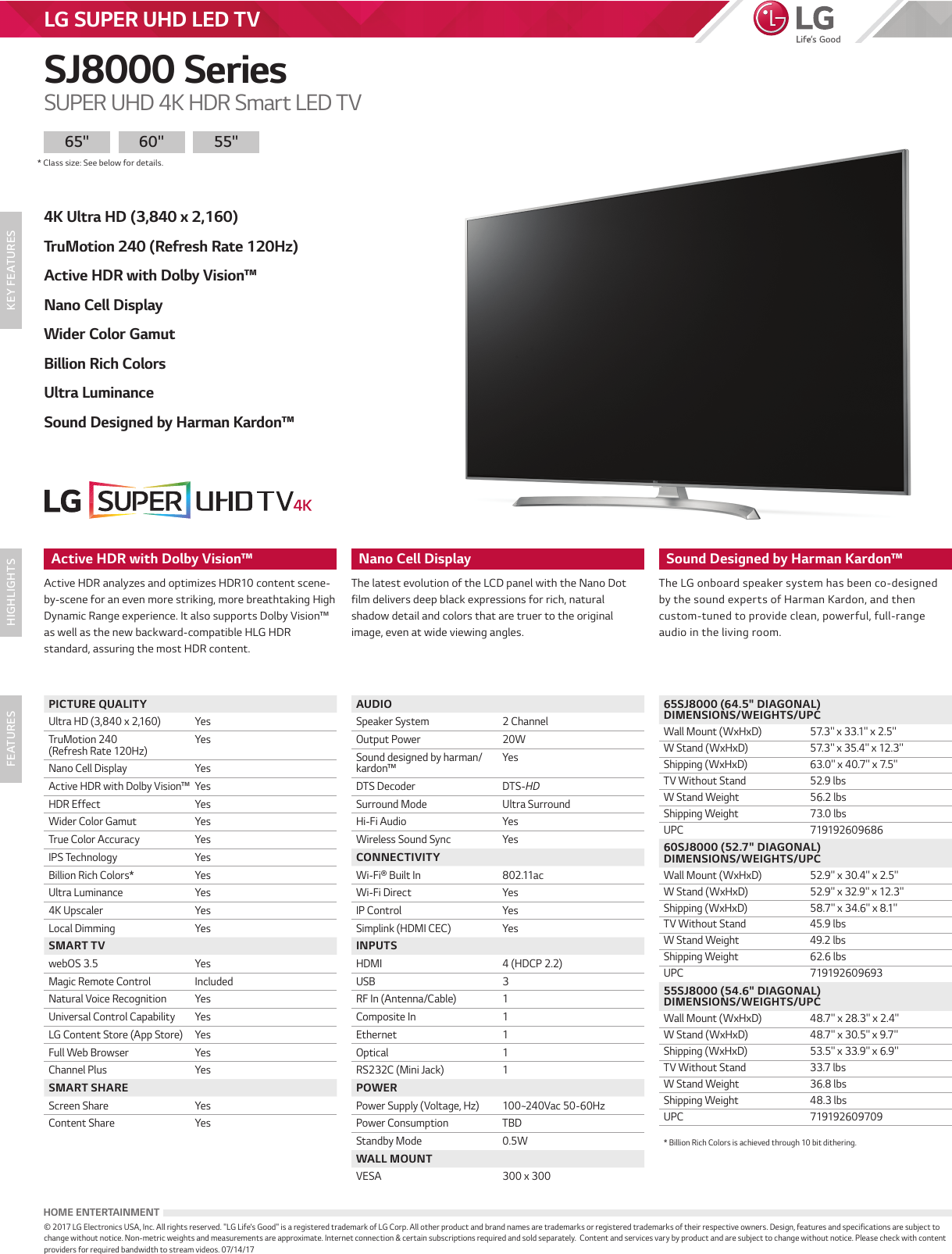 Page 1 of 1 - LG 65SJ8000 User Manual Specification SJ8000 Series Spec Sheet 17072017