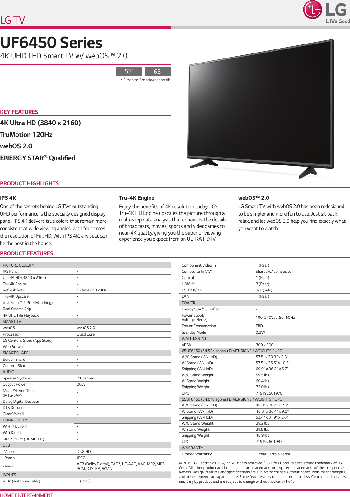 LG 65UF6450 User Manual Specification UF6450 Spec Sheet