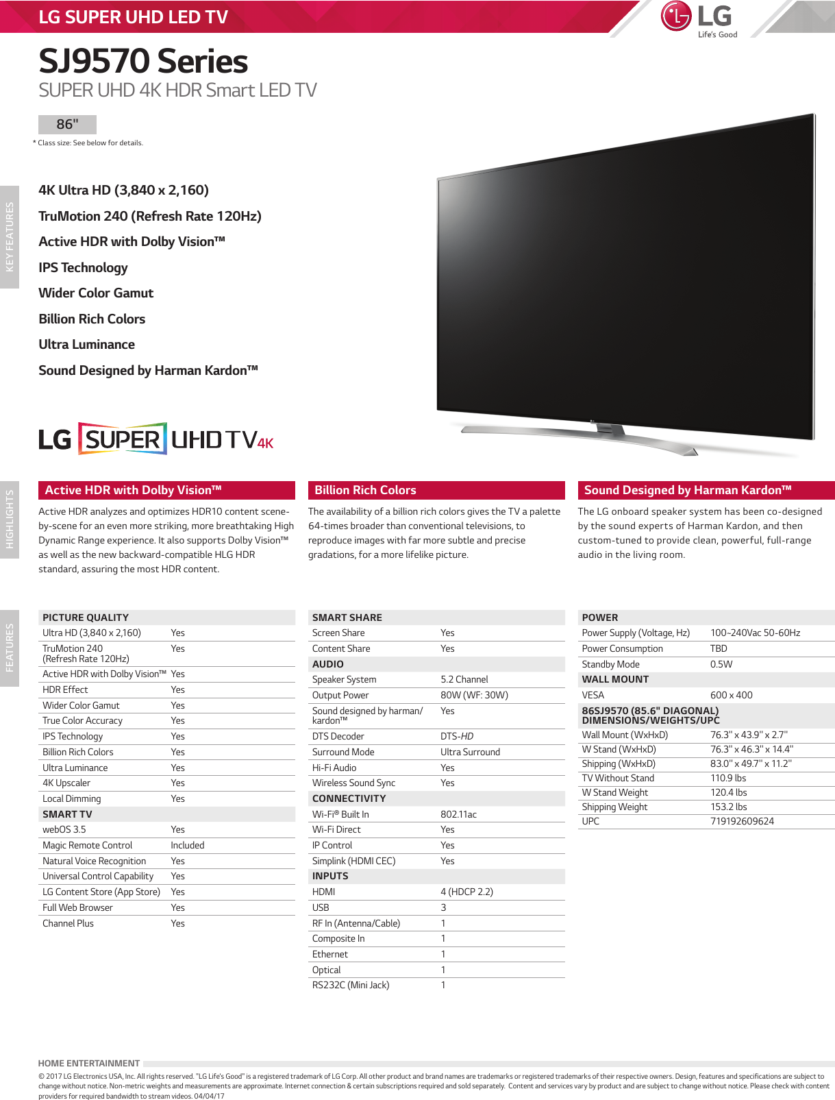 Page 1 of 1 - LG 86SJ9570 User Manual Specification SJ9570 Series Spec-Sheet