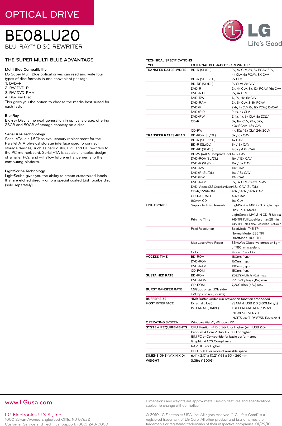 Page 2 of 2 - LG BE08LU20 User Manual Specification Spec Sheet