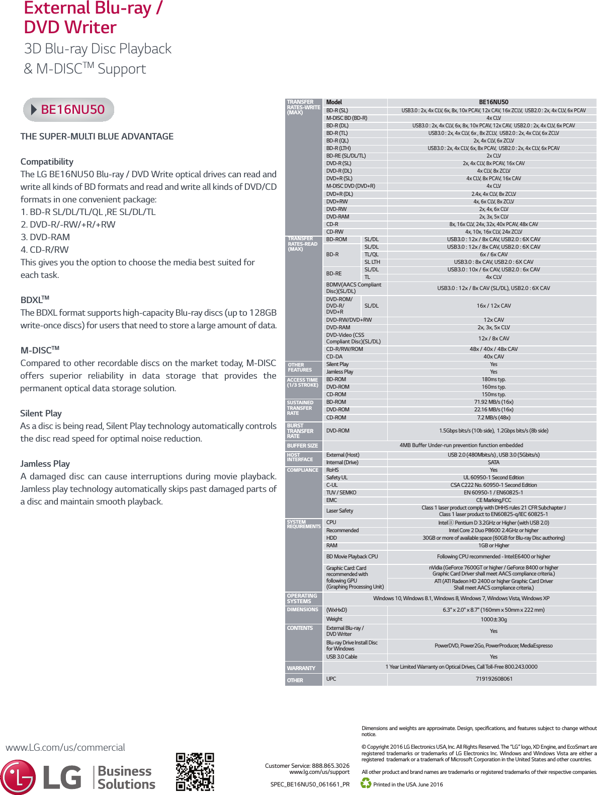 Page 2 of 2 - LG BE16NU50  User Manual Specification BE16NU5 Spec Sheet
