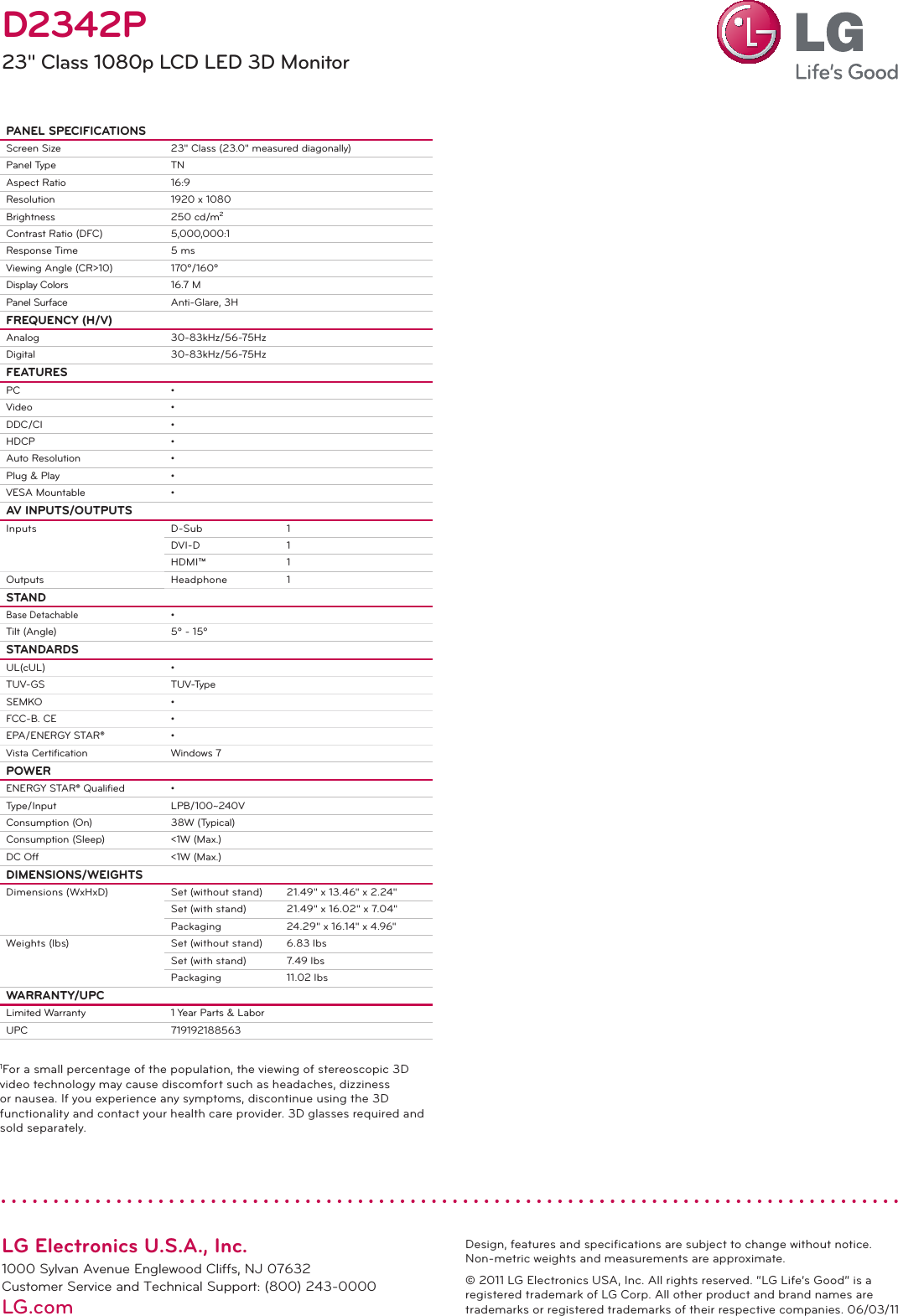 Page 2 of 2 - LG D2342P-PN User Manual Specification Monitor D2342P Spec Sheet