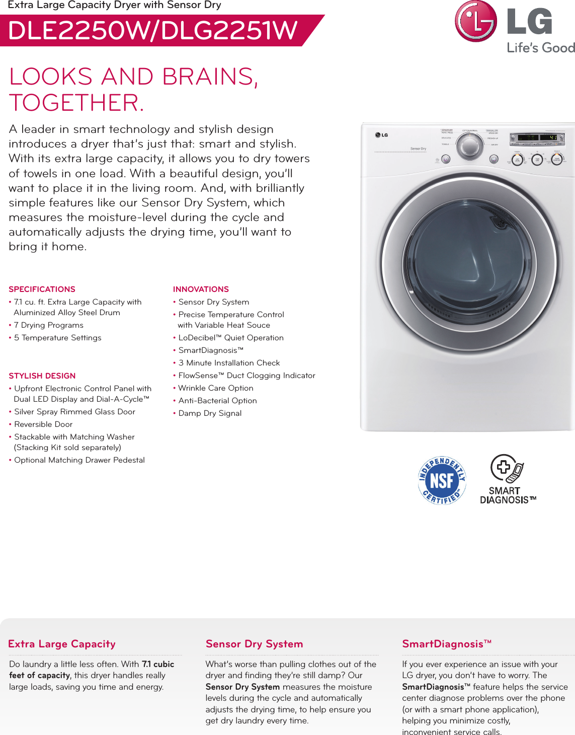 Page 1 of 2 - LG DLE2250W User Manual Specification DLE2250 DLG2251 Dryer Spec Sheet