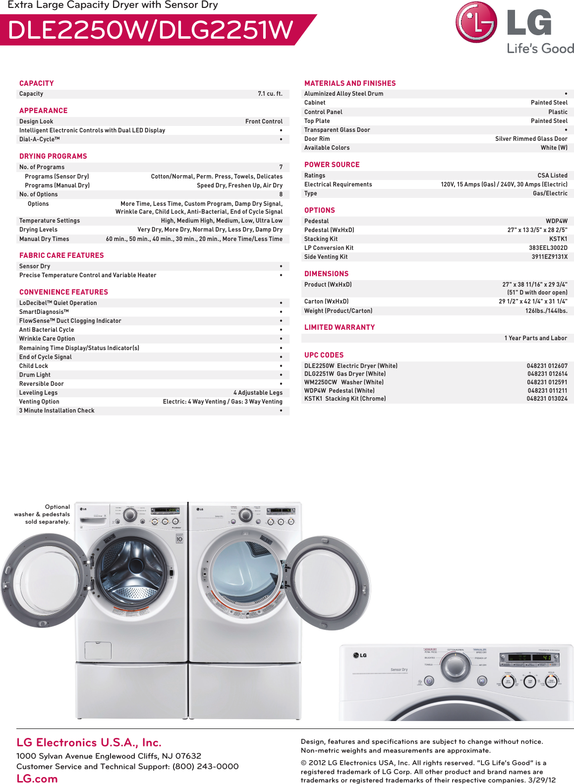 Page 2 of 2 - LG DLE2250W User Manual Specification DLE2250 DLG2251 Dryer Spec Sheet