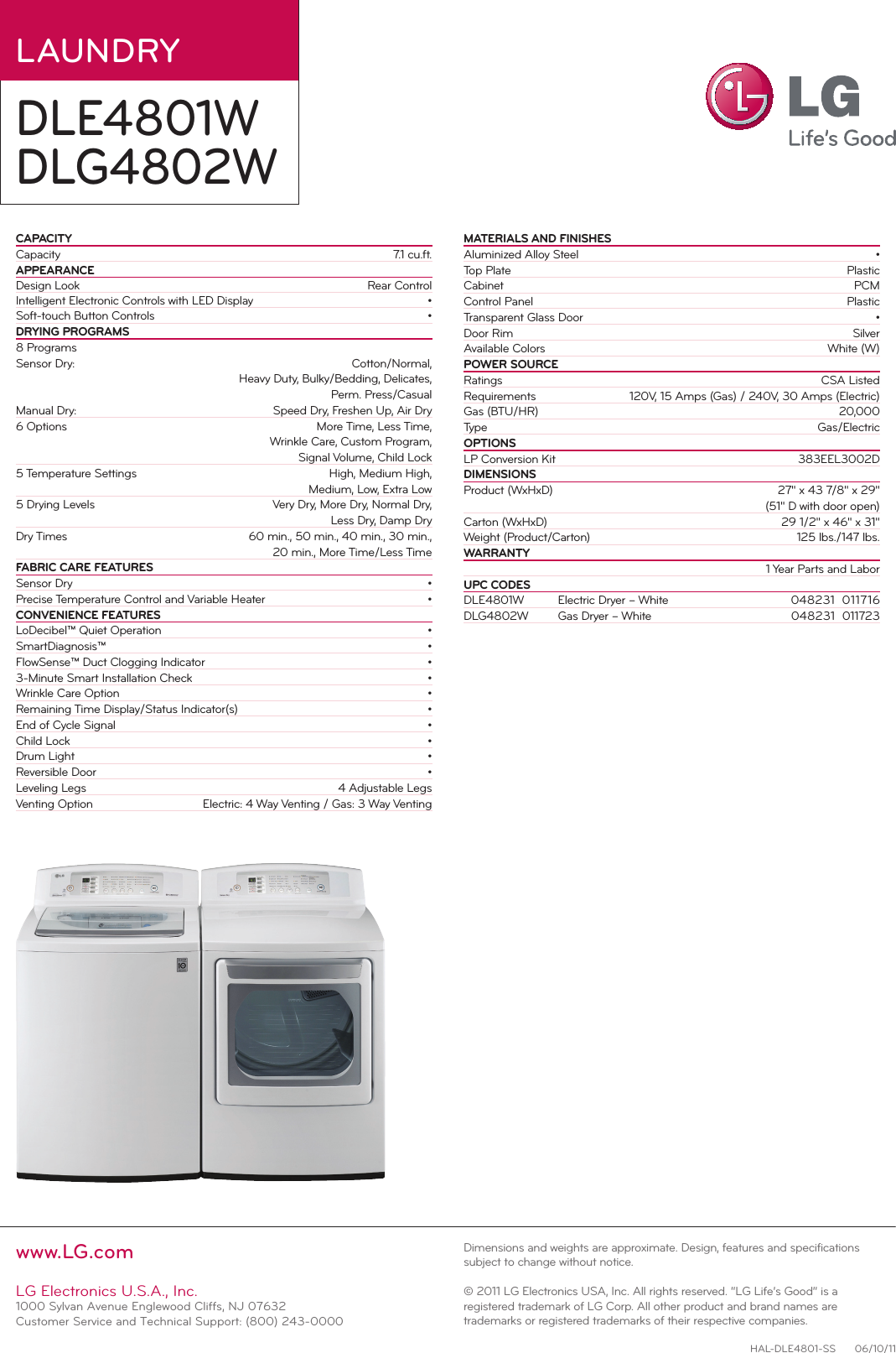 Page 2 of 2 - LG DLE4801W User Manual Specification Dryer DLE4801 DLG4802 Spec Sheet