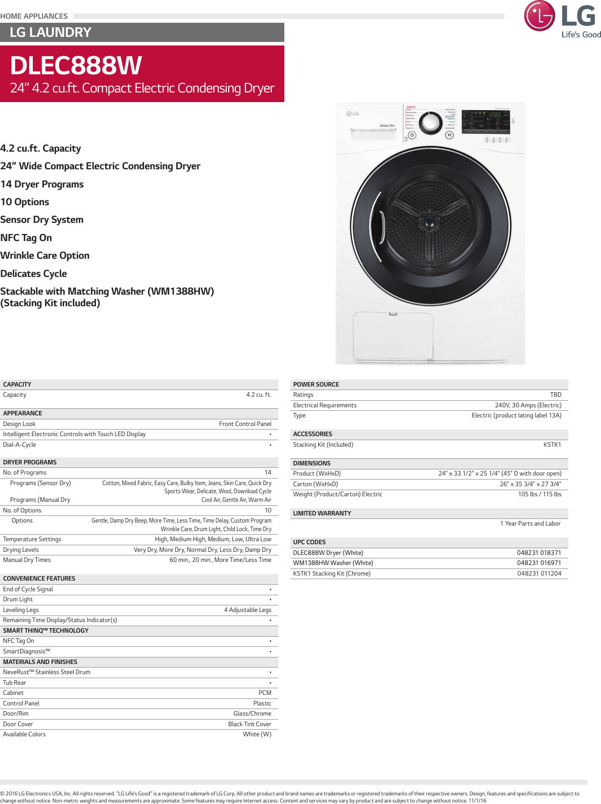 Page 1 of 1 - LG DLEC888W User Manual Specification Spec Sheet