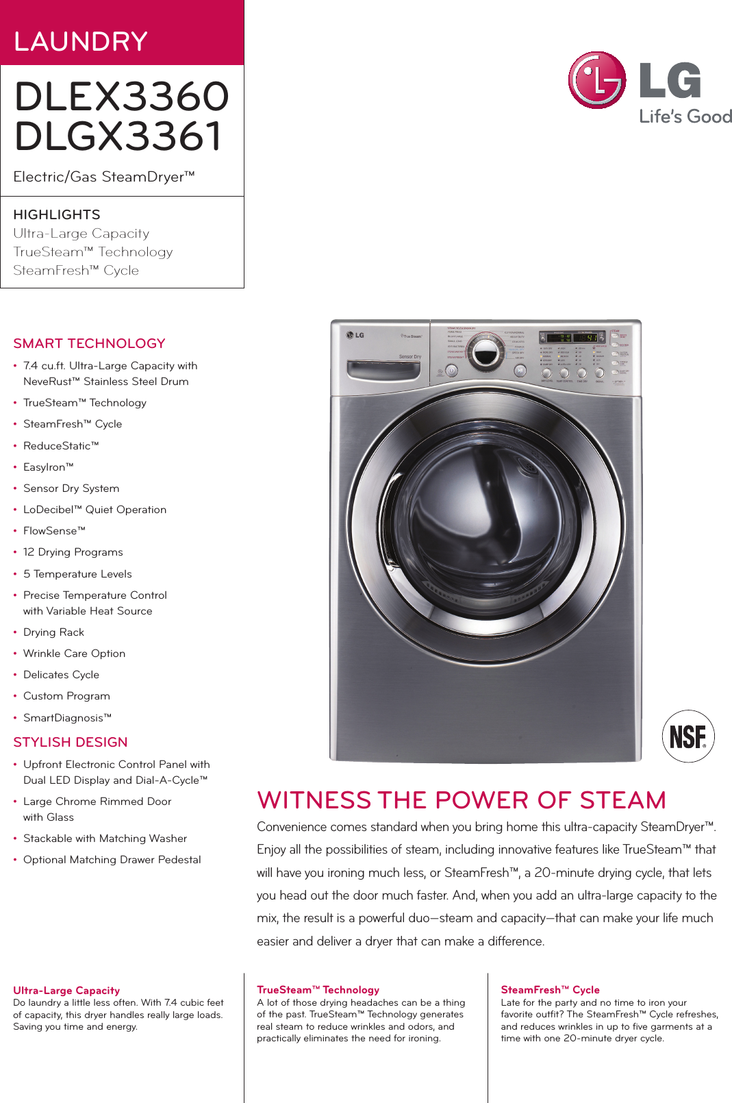 Page 1 of 2 - LG DLEX3360W User Manual Specification DLEX3360 DLGX3361 Spec Sheet