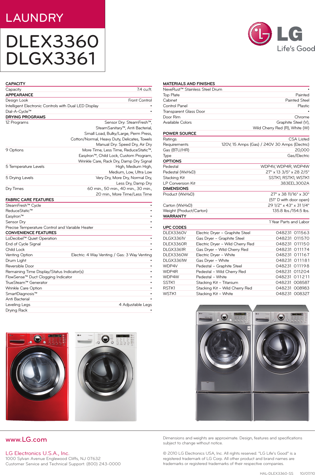 Page 2 of 2 - LG DLEX3360W User Manual Specification DLEX3360 DLGX3361 Spec Sheet
