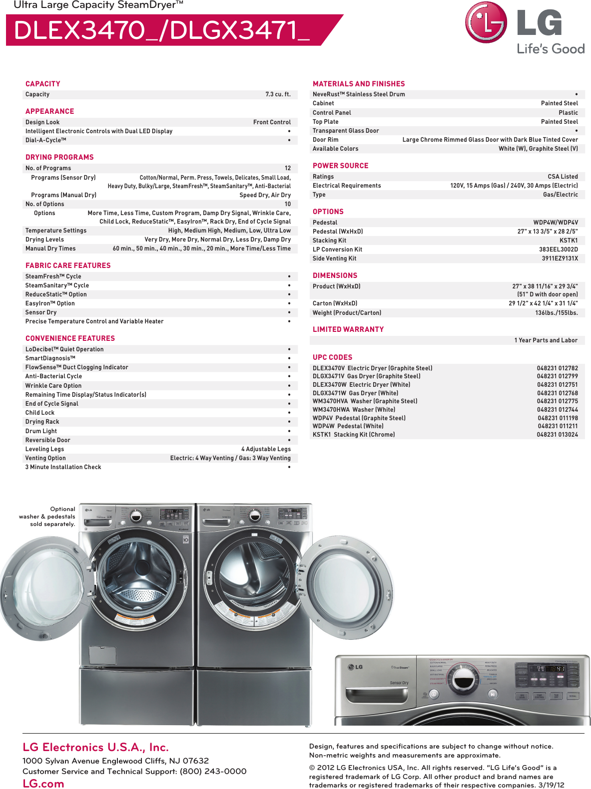 Page 2 of 2 - LG DLEX3470W User Manual Specification DLEX3470 DLGX3471 Dryer Spec Sheet