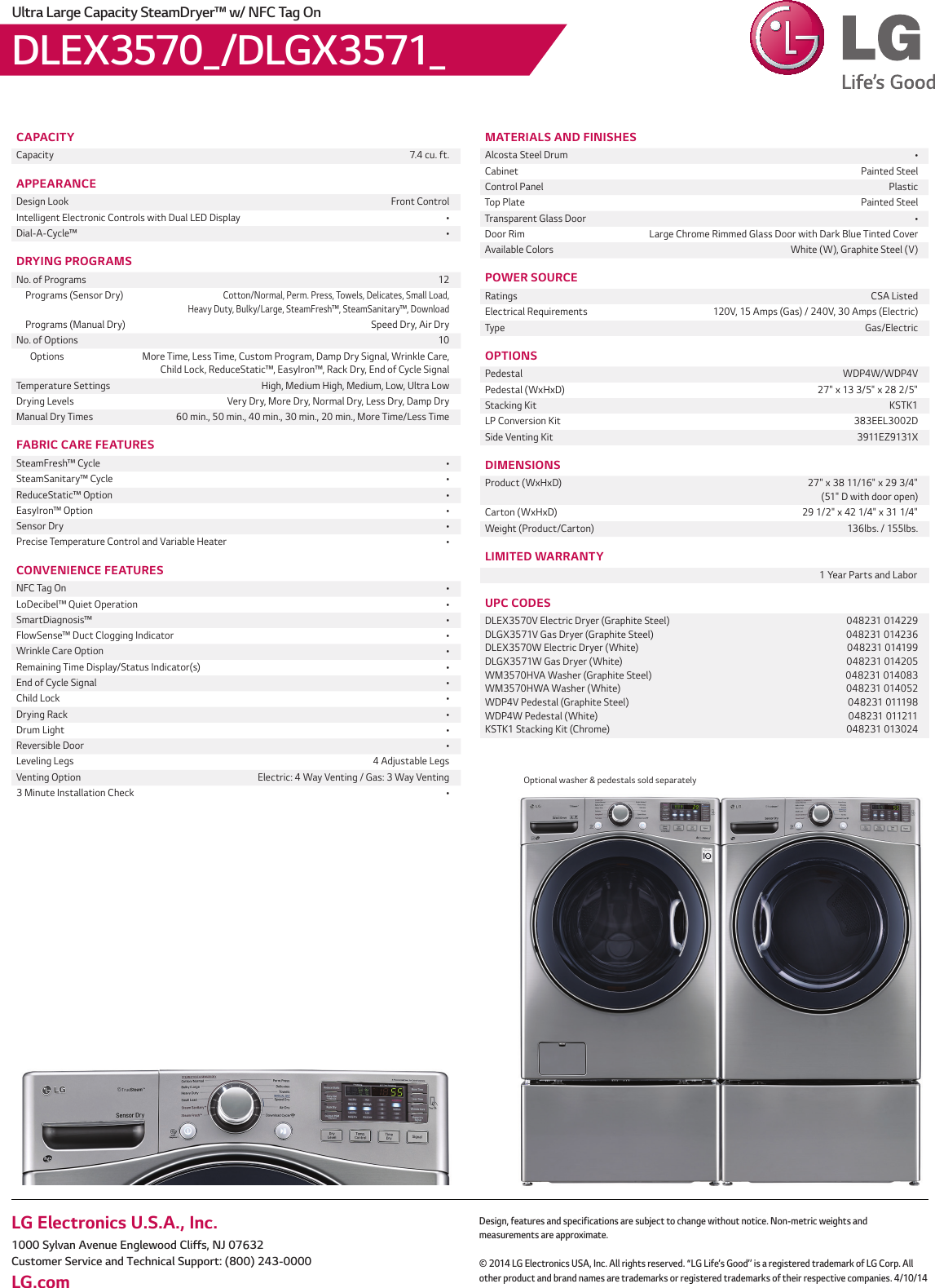 Page 2 of 2 - LG DLEX3570W User Manual Specification DLEX3570 DLGX3571 Spec Sheet