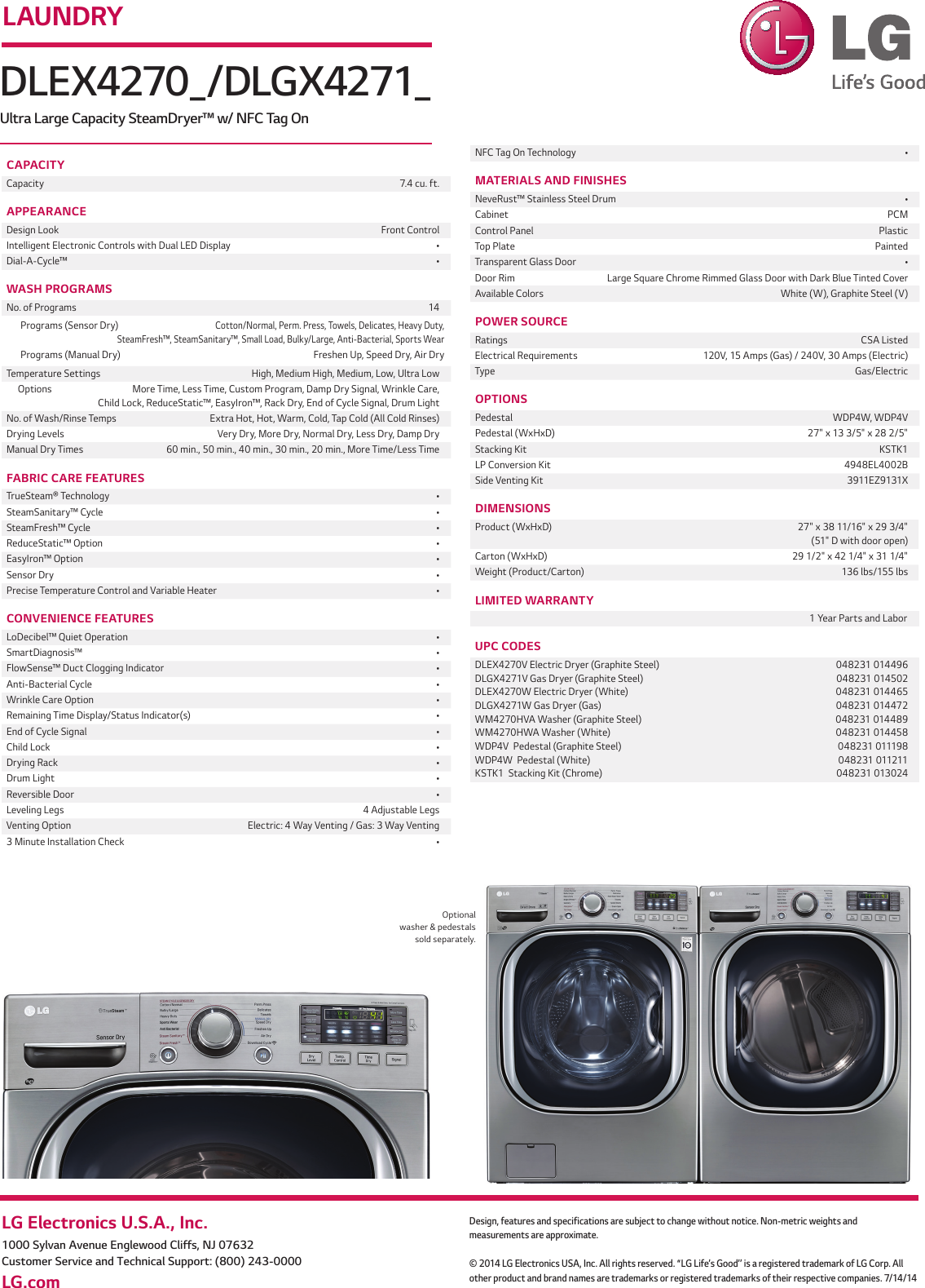 Page 2 of 2 - LG DLEX4270V User Manual Specification DLEX4270 DLGX4271 Spec Sheet