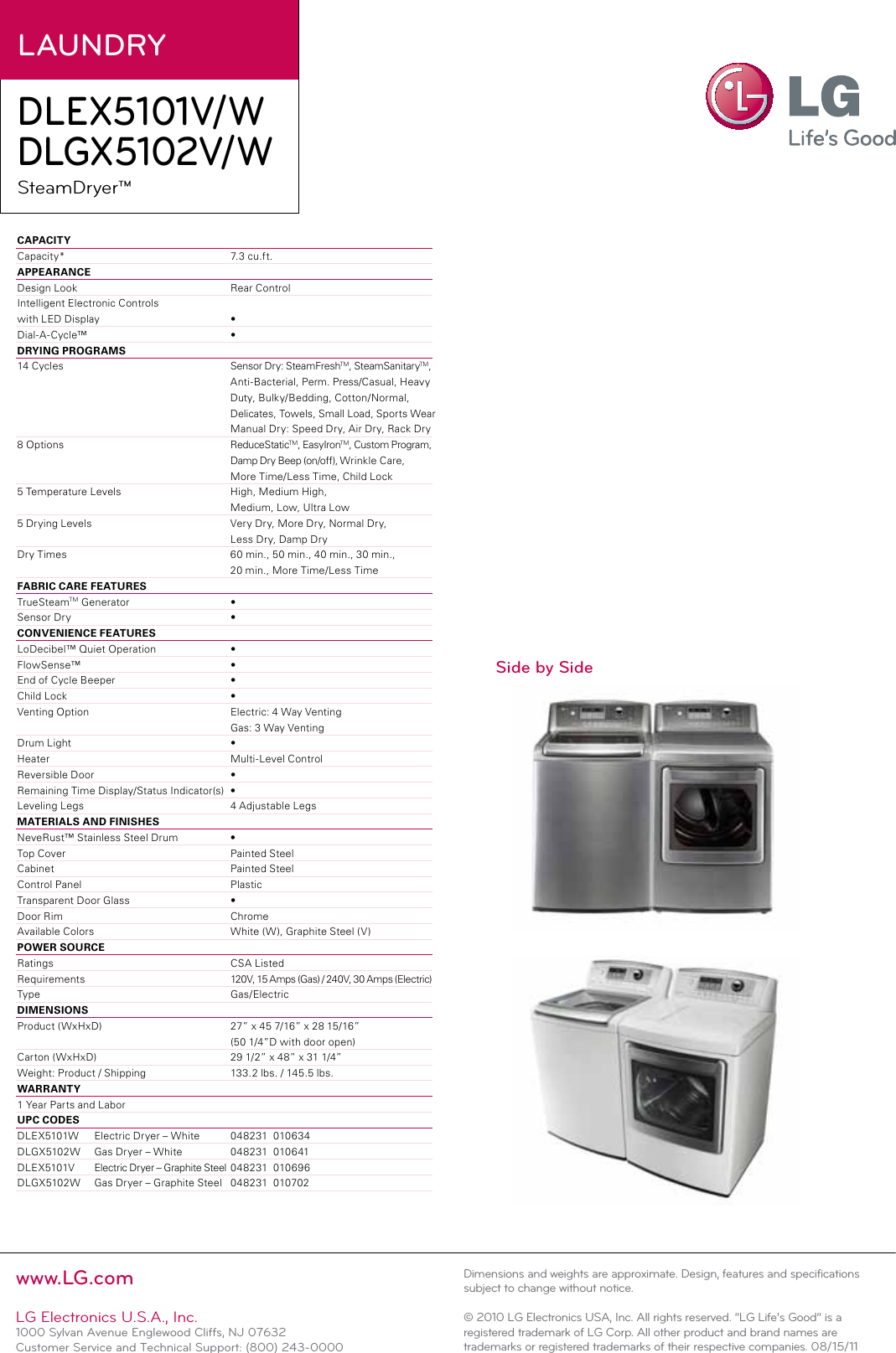 Page 2 of 2 - LG DLEX5101W User Manual Specification Dryer DLEX5101 DLGX5102 Spec Sheet