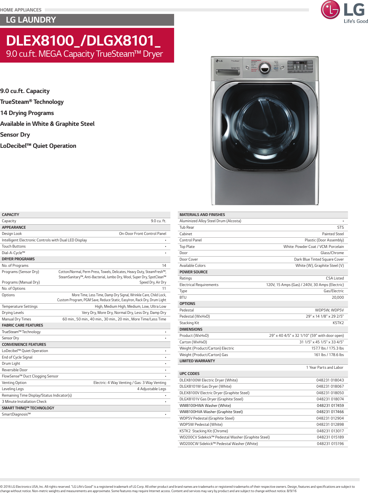 Page 1 of 1 - LG DLEX8100W User Manual Specification DLEX8100 DLGX8101 Spec Sheet