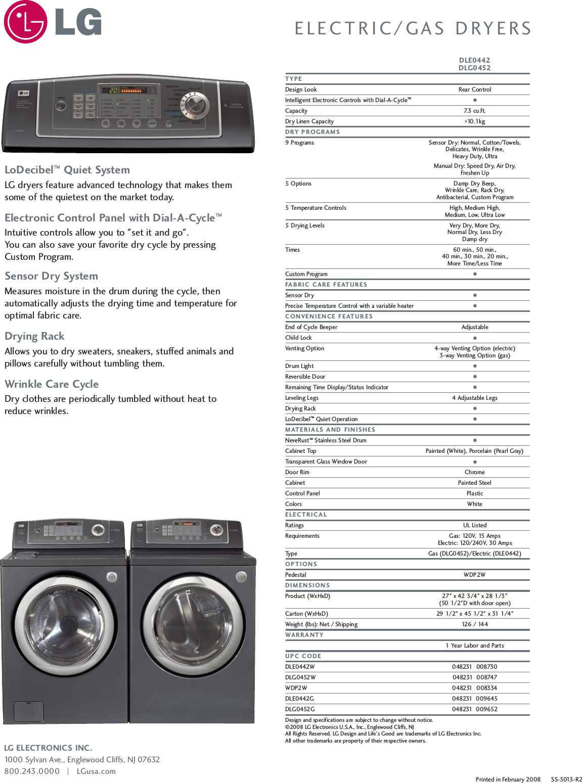 Page 2 of 2 - LG DLG0452G 20358 DLE0442_DLG0452 Spec Sheet User Manual Specification DLE0442G DLG0452Gss V3