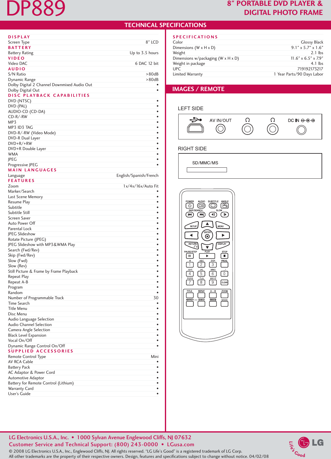 Page 2 of 2 - LG DP889 User Manual Specification H Spec Sheet