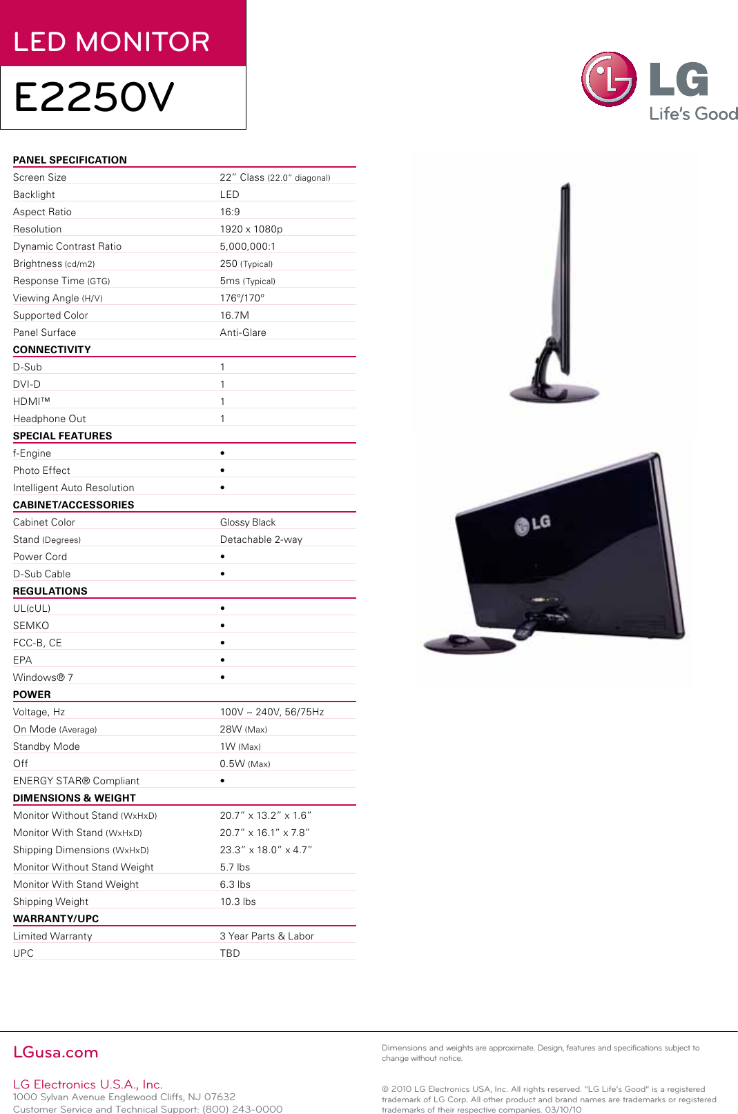 Page 2 of 2 - LG E2250V-SN User Manual Specification He Monitor Ss E2250V